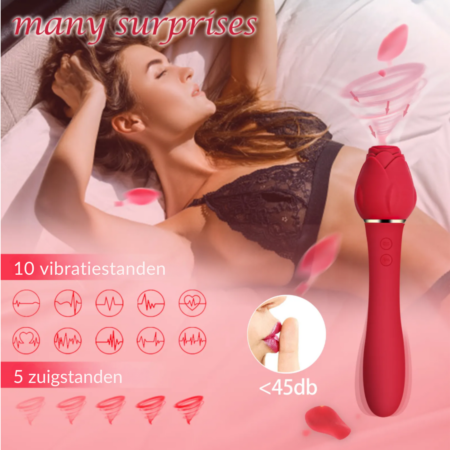 Pink Rose Vibrator mit Saugfunktion – 10 Vibrationen & 5 Saugmodi | Wiederaufladbar und wasserdicht | Leiser Motor