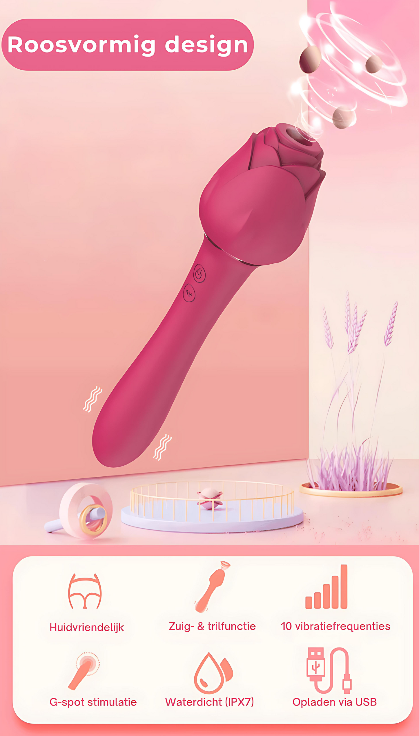 Pink Rose Vibrator mit Saugfunktion – 10 Vibrationen & 5 Saugmodi | Wiederaufladbar und wasserdicht | Leiser Motor